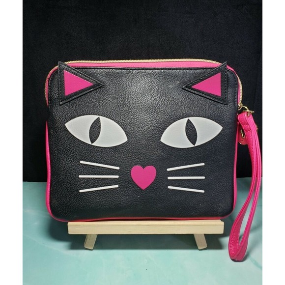 Betsey Johnson Purse Hand Bag Meow Wristlet Vegan Leather Cat Kitty GUC Pink - Picture 1 of 6